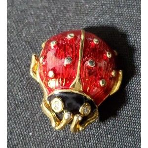 Vintage Gold Tone Ladybug Red Rhinestone Brooch Pin Jewelry